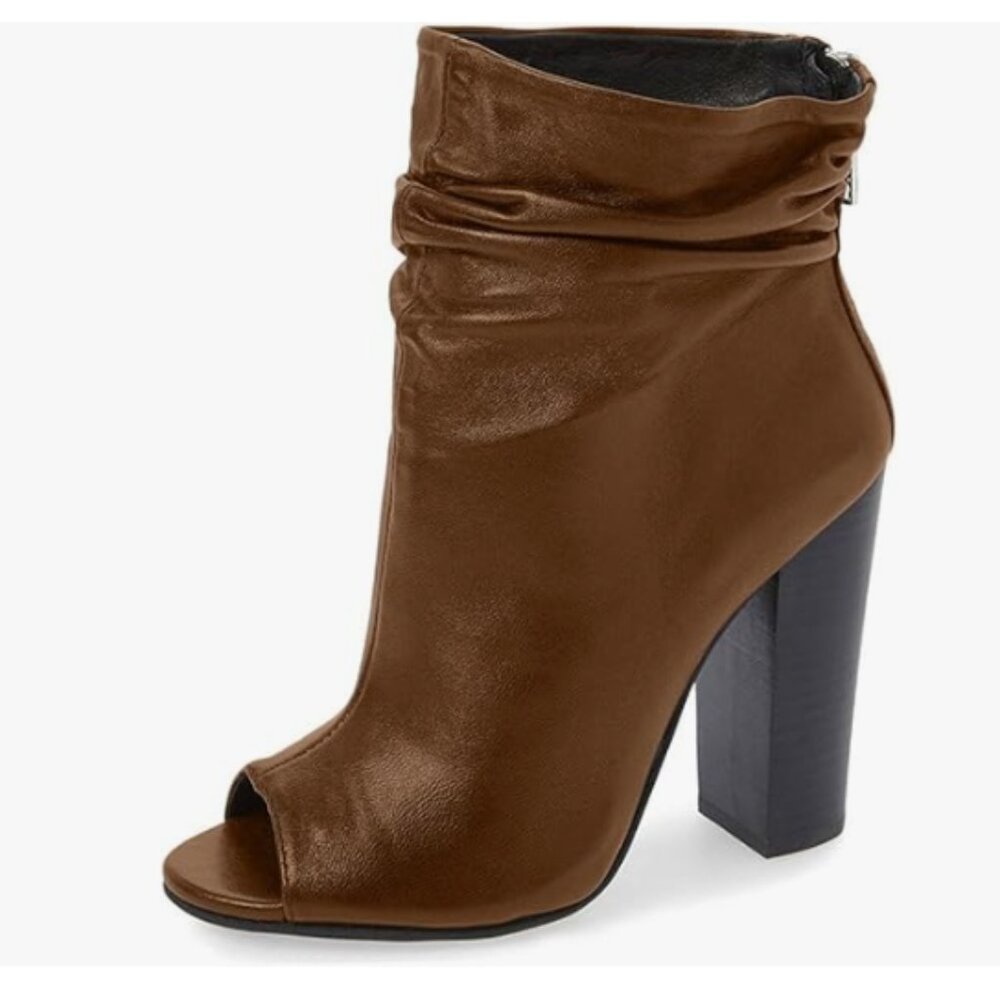FSJ Brown Peep Toe Slouch Ankle Boots Chunky Stacked Heels Party Dress Shoes